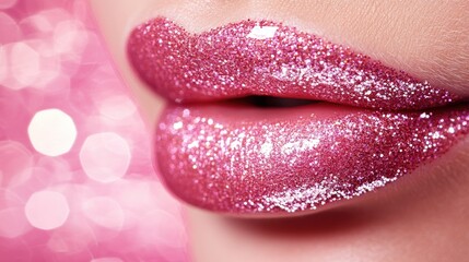 Close-up view of woman's lips with sparkling pink gloss.