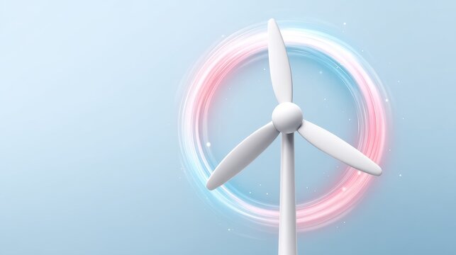 A white windmill in the center with spinning blue energy graphics circling around it. Clean energy, renewable energy, natural energy.