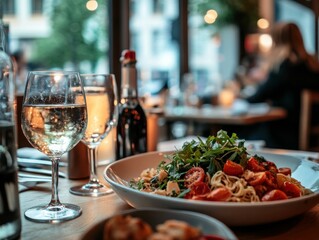 Delicious pasta dish with wine in a restaurant