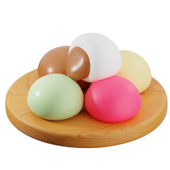 Assorted pastel mochi desserts displayed on a wooden plate, ideal for bakery, dessert menu, or food promotion visuals.