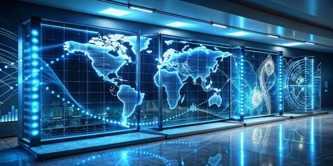 A modern command center filled with digital world maps, statistics, and virtual data interfaces.