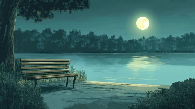A view of a bench with a view of a lake and the moon at night. 4K animated video