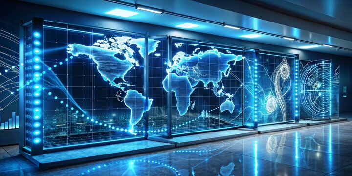 A modern command center filled with digital world maps, statistics, and virtual data interfaces. - Powered by Adobe