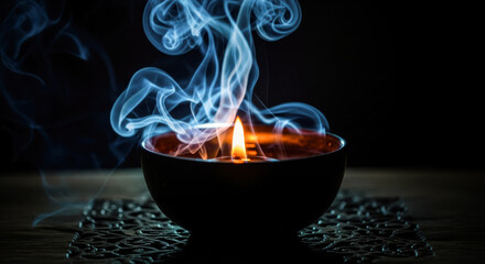 Burning candle with blue smoke symbolizing tranquility and spiritual awakening in dark setting
