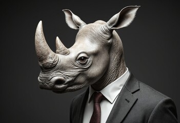 Fototapeta premium Rhino in a Suit Businessman Anthropomorphic Portrait on a Dark Background, Wild in Finance