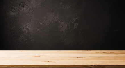 Wooden tabletop against dark textured wall background displaying product placement and mockup opportunity