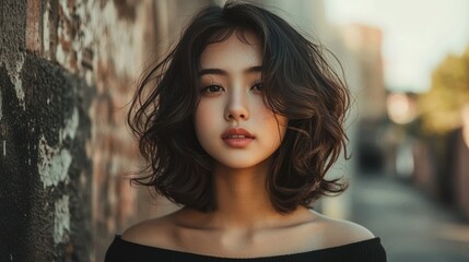 Naklejka premium Girl with wavy long bob and side part
