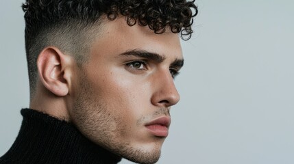 Fototapeta premium Male model with drop fade and short curls, relaxed style