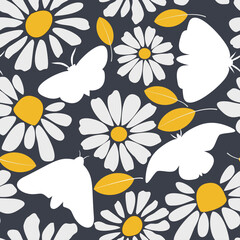 Seamless floral pattern with white moth silhouettes, white flowers and yellow leaves on black background. Could be used as texture, print, wallpaper, card