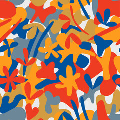 Seamless abstract pattern with leaves and flowers in blue, orange and red colors. Could be used as texture, print, wallpaper, card. 