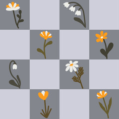 Set of vector flowers, white and orange flowers on gray squares  background. Could be used as seamless pattern, texture, print, wallpaper, card. 