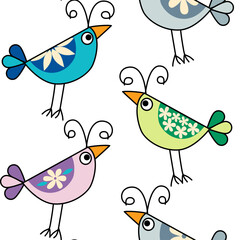 Seamless pattern with funny colorful birds with flowers on white background. Could be used as texture, print, wallpaper, card. 