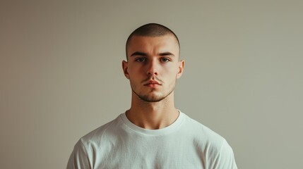 Man with clean buzz cut and casual T-shirt, facing front