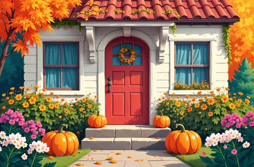 Fall cottage entrance adorned with asters and chrysanthemums, featuring orange pumpkins on stone steps.
