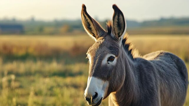 A donkey is standing in a field of yellow flowers. The donkey has a white face and is looking directly at the camera