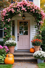 Obraz premium Fall cottage entrance adorned with asters and chrysanthemums, featuring orange pumpkins on stone steps.