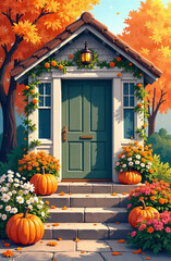 Fall cottage entrance adorned with asters and chrysanthemums, featuring orange pumpkins on stone steps.