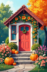 Fall cottage entrance adorned with asters and chrysanthemums, featuring orange pumpkins on stone steps.