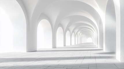 Abstract architectural corridor with arches and a bright light at the end
