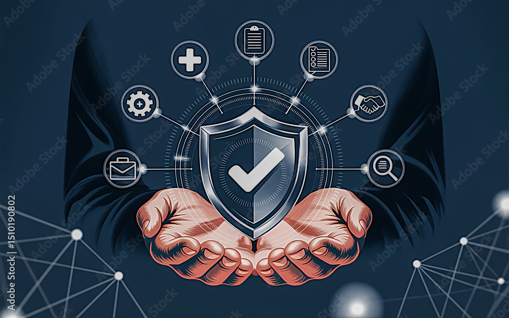 Poster “a glowing shield with a white checkmark floats above hands, connected to eight white icons in a rad