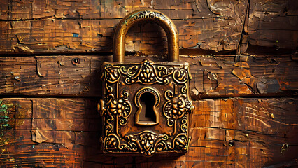 Ornate Vintage Padlock on Wooden Wall Digital Illustration