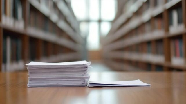 Stack of paper on wooden surface with hand turning page in library setting