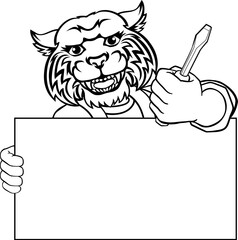 A wildcat electrician handyman or other construction cartoon mascot man holding a screwdriver tool.
