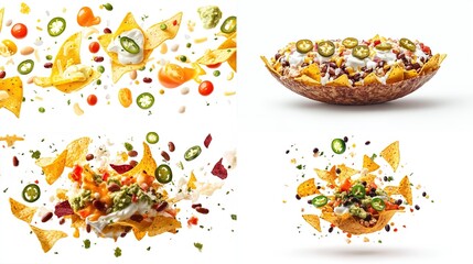 Four images showcase nachos; two depict exploding, airborne components (tortilla chips, beans, cheese, jalapenos, tomatoes, and sauce), while the other two