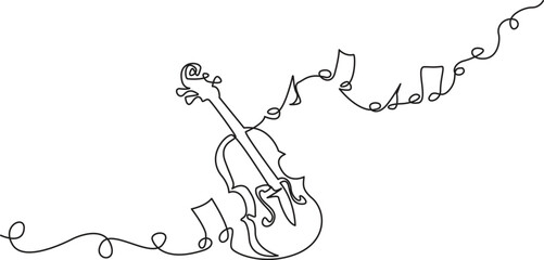 Violin with Music Stand and Sheet Notes – Line Art Vector, Classical Music Instrument Illustration for Education and Design, Elegant One Line Drawing for Music School or Learning Materials. © Hanan