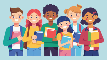 Fototapeta premium Diverse Group of Smiling Students Holding Books Back to School Concept Graphic