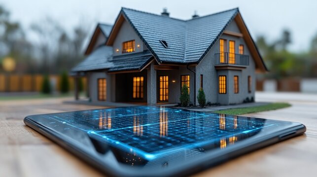 Smart Home Model on Table with Glowing Tablet