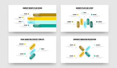 Corporate Visualization Four Five Three Four Element Infographic Frame Design Vector Illustration Bundle. Company Forecast 4 5 3 4 Option Diagram Slide Template Set.
