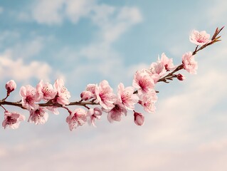 Pink Cherry Blossoms Branch Against Blue Sky Spring Floral Background