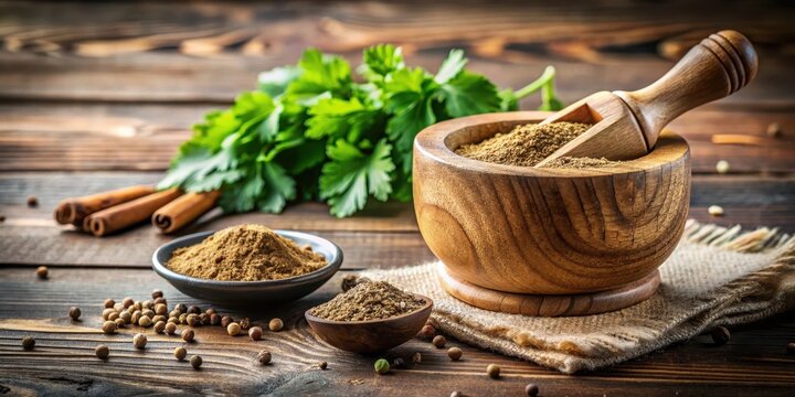 Close-up of a mortar and pestle with ground cumin and coriander on a wooden surface