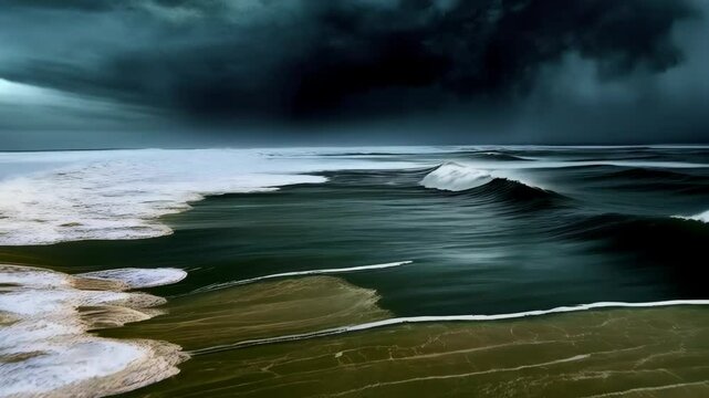 Moody beach scene with dramatic dark clouds and crashing waves rolling onto the shoreline in a cinematic and serene composition