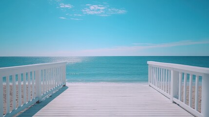 White wooden walkway to the turquoise ocean