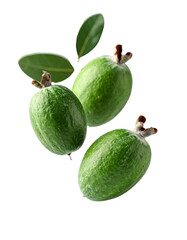 Whole and halved feijoa fruit isolated on black background