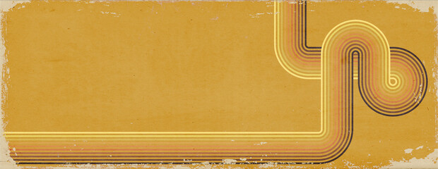 1970s background Banner with copyspace. Vintage colored stripes on grunge, worn out paper with scratches and folds. 
