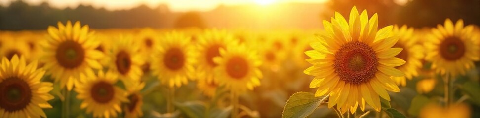 Fototapeta premium Golden hour sunlight illuminates a vibrant field of sunflowers, evoking feelings of joy and serenity Perfect for themes of optimism, well-being, and summer happiness , yellow, cheerful
