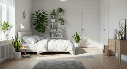 A bright bedroom with a bed, plants, a bookcase, and a dresser in a minimalist style decor setting