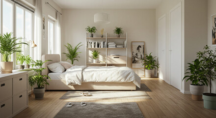 A bright bedroom with a bed, bookshelf, plants, and a rug creating a serene and inviting atmosphere