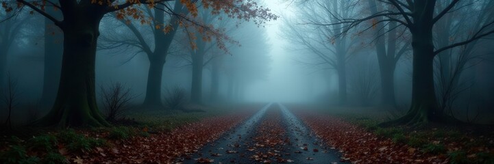 Fog-shrouded trail, decaying leaves, ominous shadows, trees, yellow