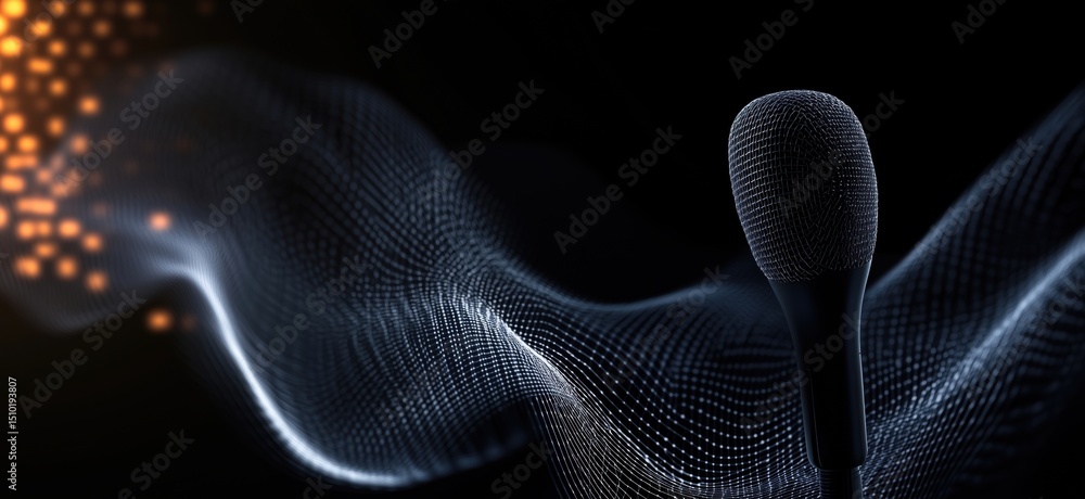 Poster microphone with sound waves and digital particles in dark background