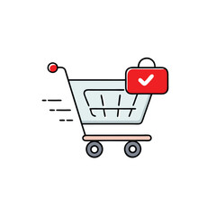 Fast Shopping Cart with Checkmark Online Order Confirmation Quick Delivery E commerce Success and Approved Transaction Icon in Modern Flat Design