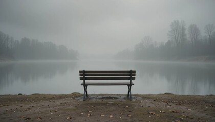 Serene Foggy Lake Solitary Bench by Calm Water
