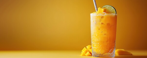 Refreshing mango cocktail with lime garnish on vibrant yellow background