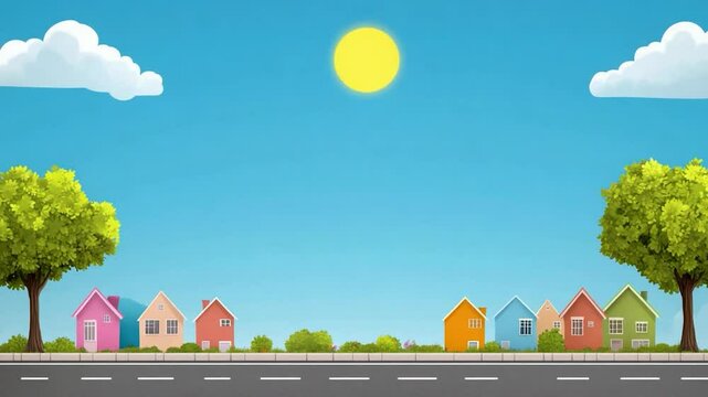 Cartoon neighborhood scene with houses trees and sky illustration