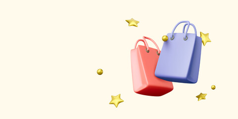 Shopping Bags with Stars and 3D Decorative Elements on Light Background. Trendy and Colorful Design for E-Commerce, Marketing, and Celebration Themes. Vector