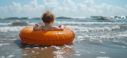 Child enjoying summer day in orange float at beach with gentle waves and sunny sky