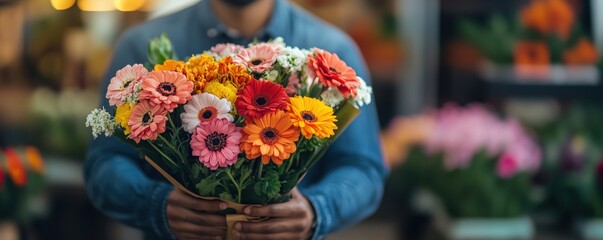 Colorful bouquet of gerbera daisies and mixed flowers held by man in floral shop